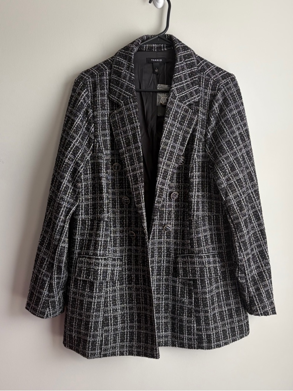 Torrid Gray Stretch Boucle Plaid Double Breasted Blazer Jacket